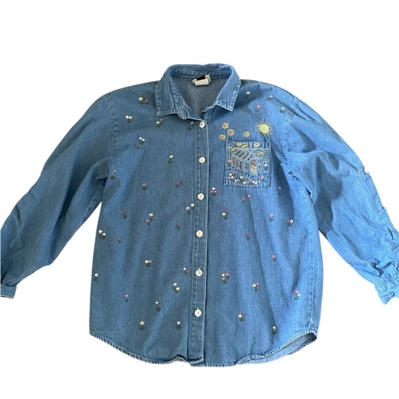 Teddi Vintage Denim Floral Embroidered Denim Button Down Shirt Women's Medium - Picture 1 of 9